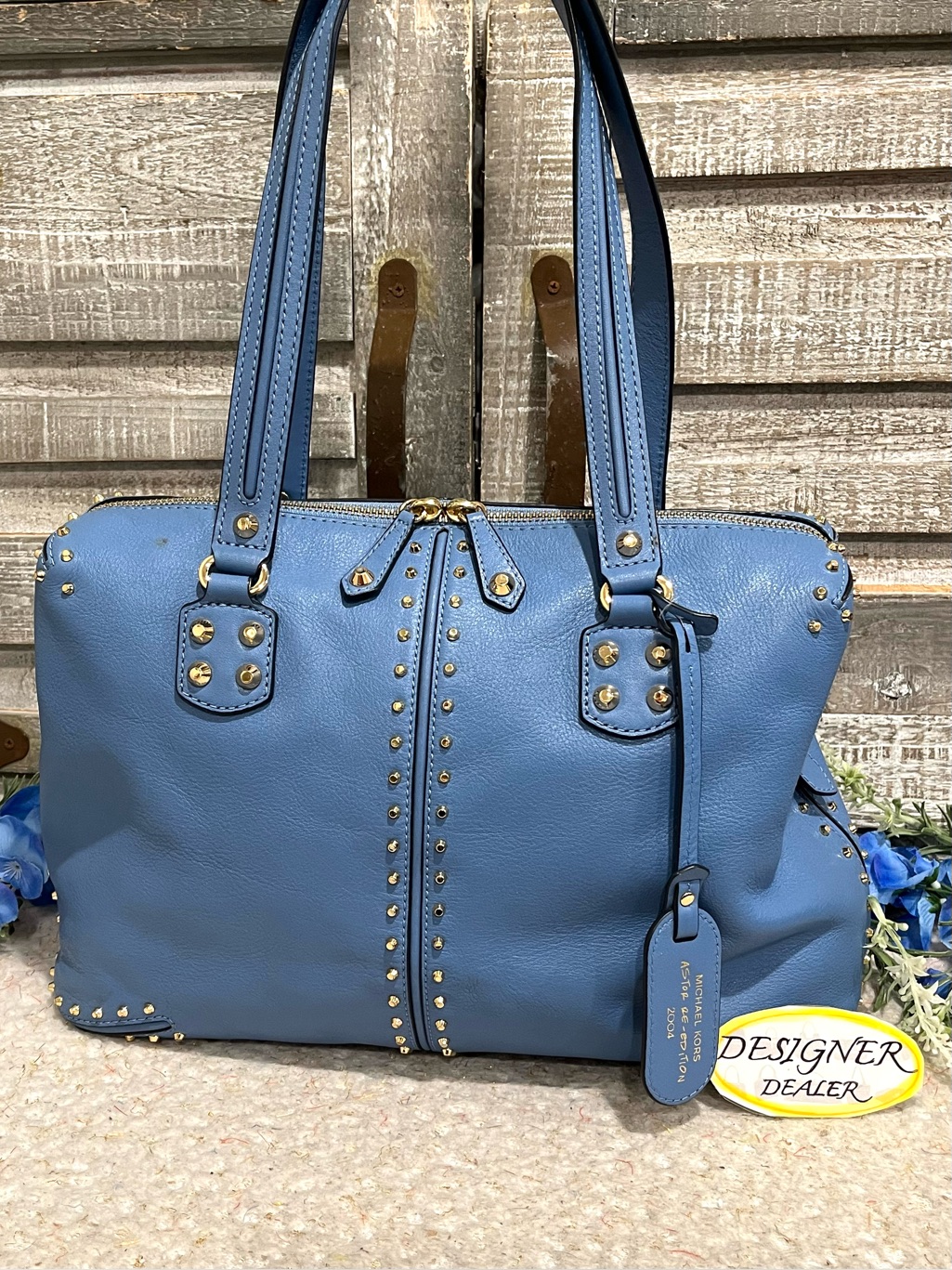 Michael Kors Astor Re Edition Studded Leather Shoulder Tote Pastel Blue